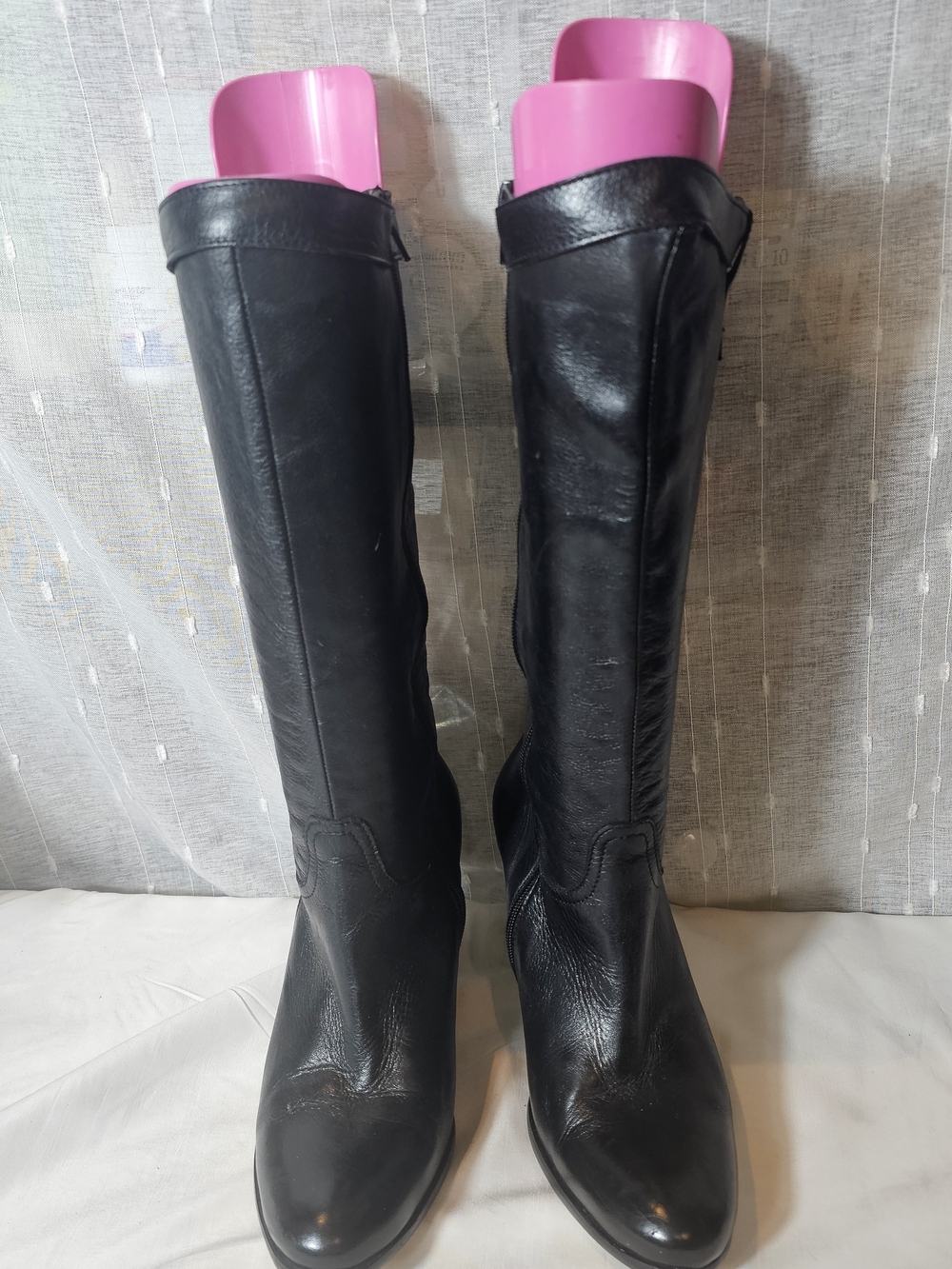 Women's Black Below The Knee Leather Heeled Boots. Made In Portugal. Sz 38 (8)